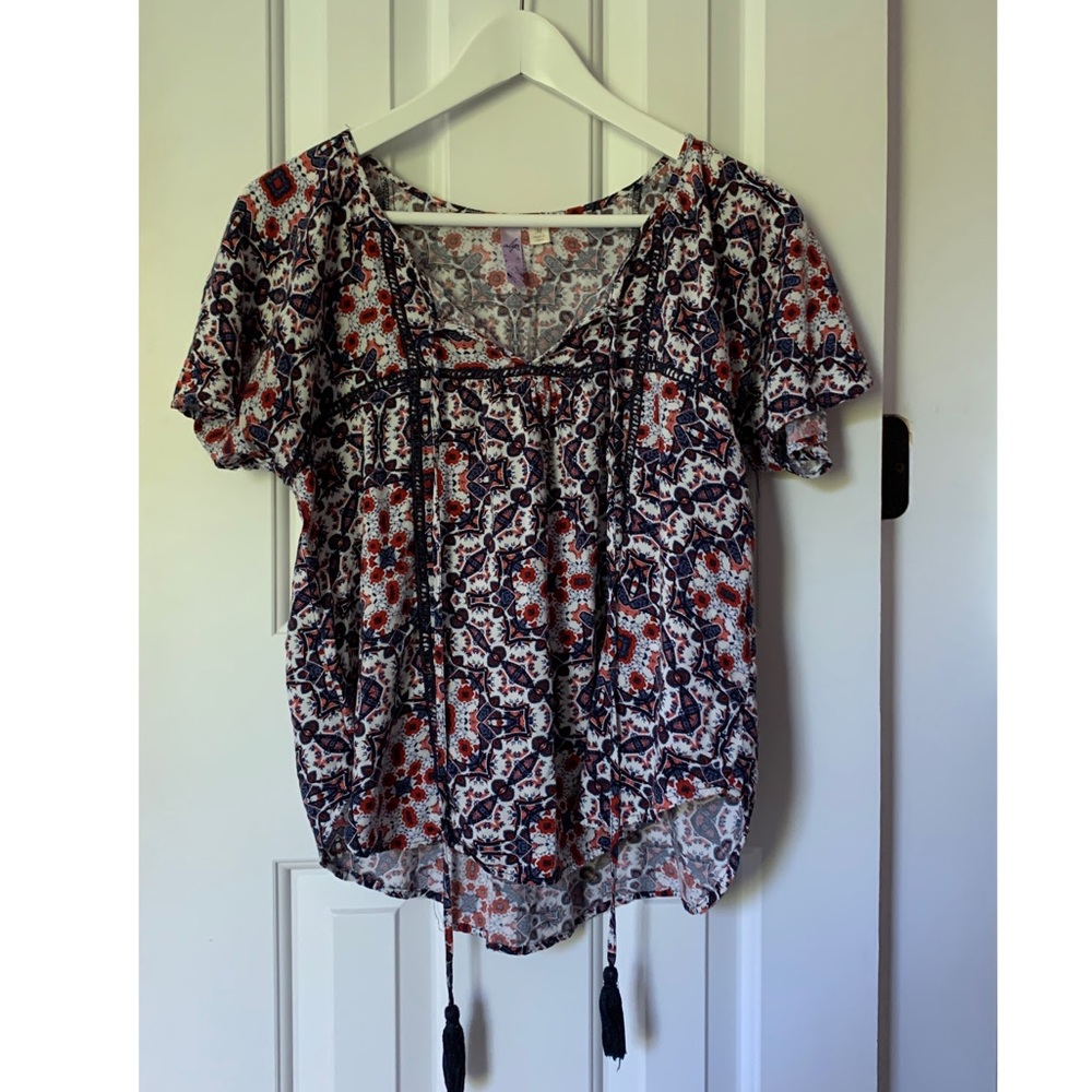 Blue and Orange Peasant T shirt with tie